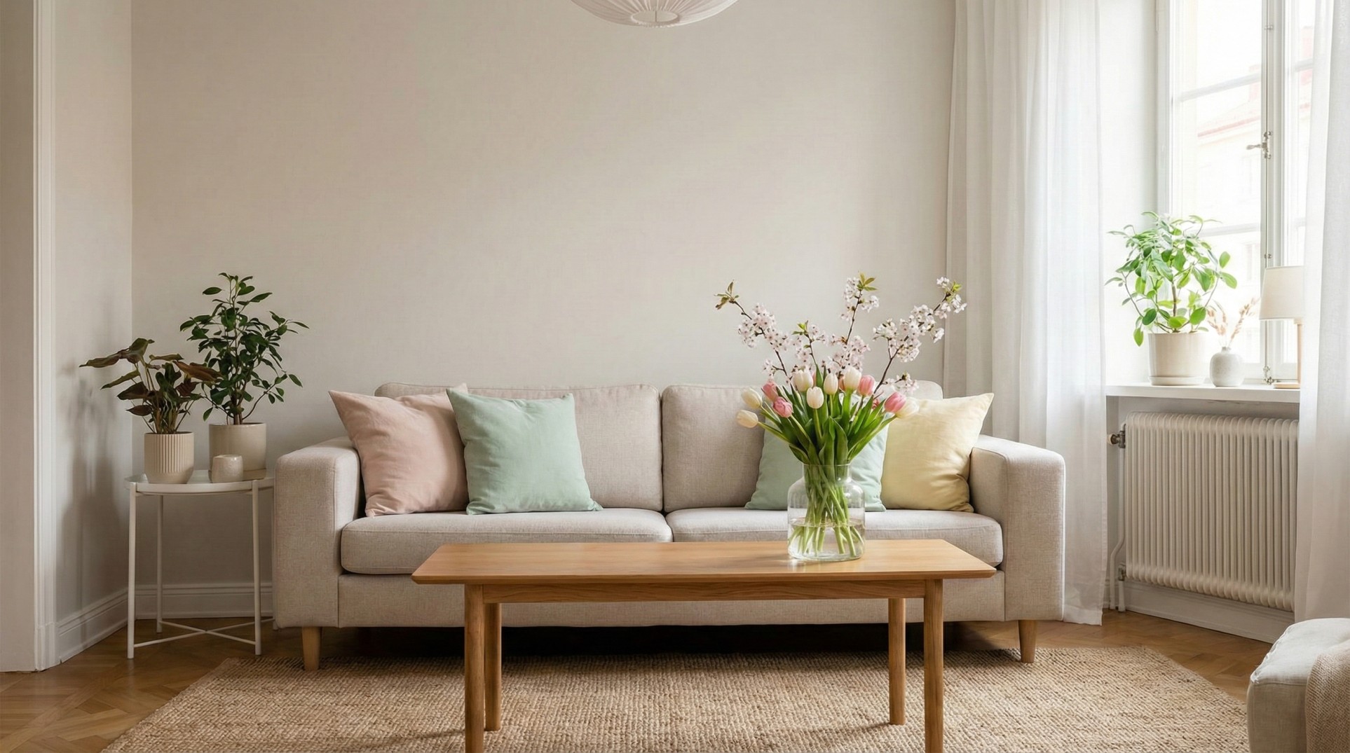 Bright and cozy living room decorated for spring with pastel pillows, flowers, and indoor plants_