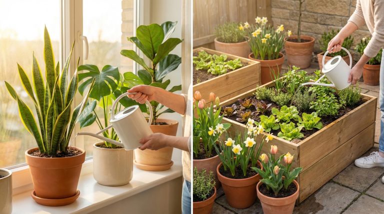 Indoor and outdoor spring plants being watered in a bright home garden setting with natural sunlight.