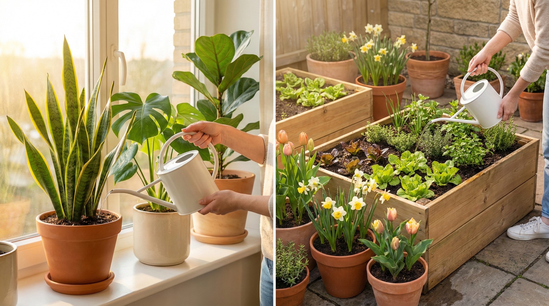 Indoor and outdoor spring plants being watered in a bright home garden setting with natural sunlight.