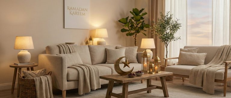 Cozy Ramadan home decoration with lanterns, warm lights, and neutral living room decor