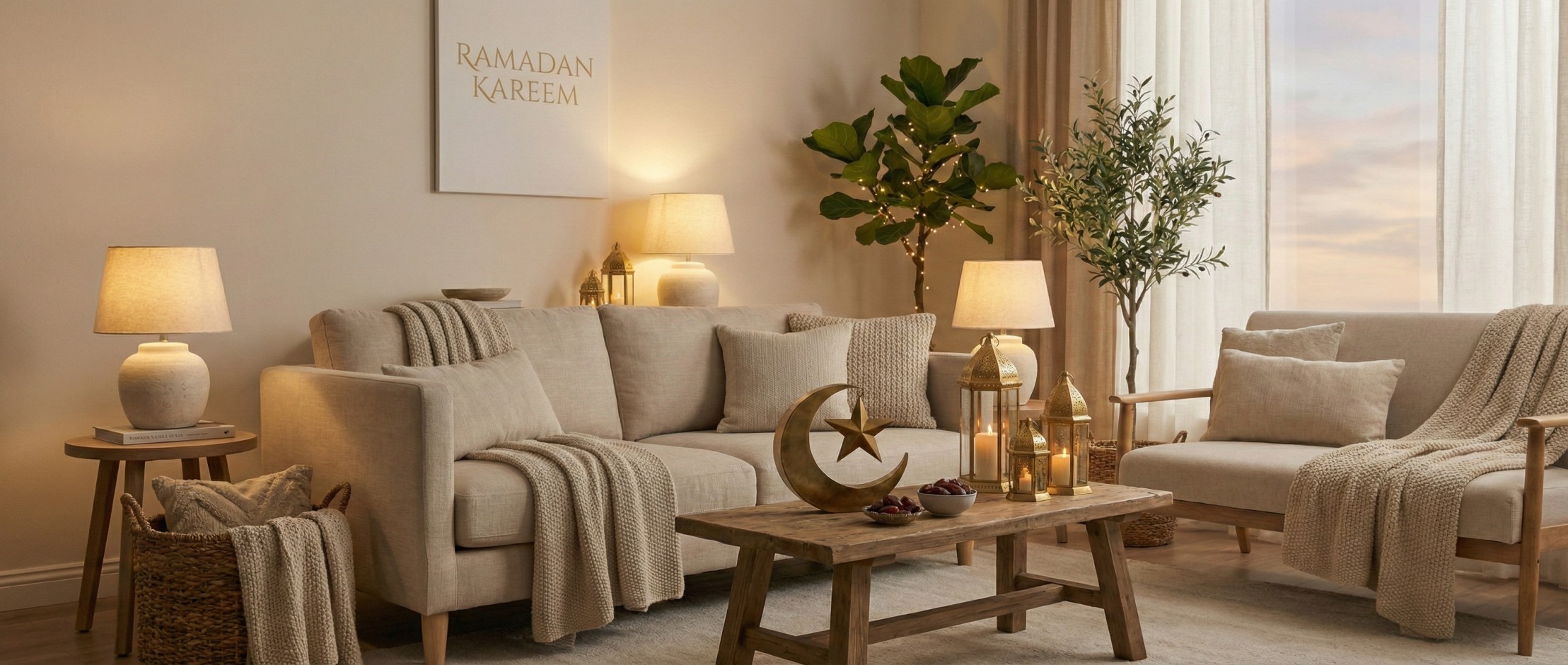 Cozy Ramadan home decoration with lanterns, warm lights, and neutral living room decor