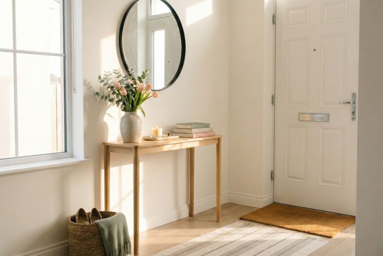 Realistic spring entryway decor with console table, round mirror, fresh tulips, woven basket, and soft natural light for a welcoming home entrance