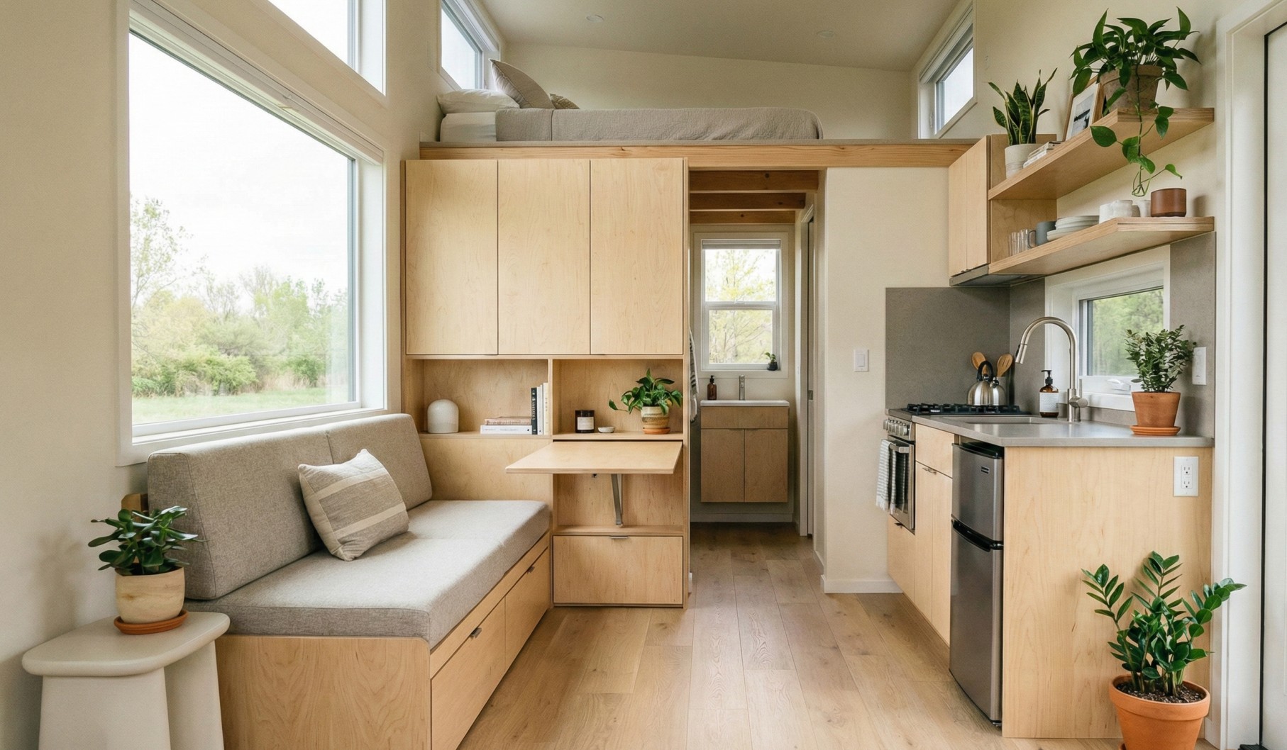 tiny house interior with smart space saving design