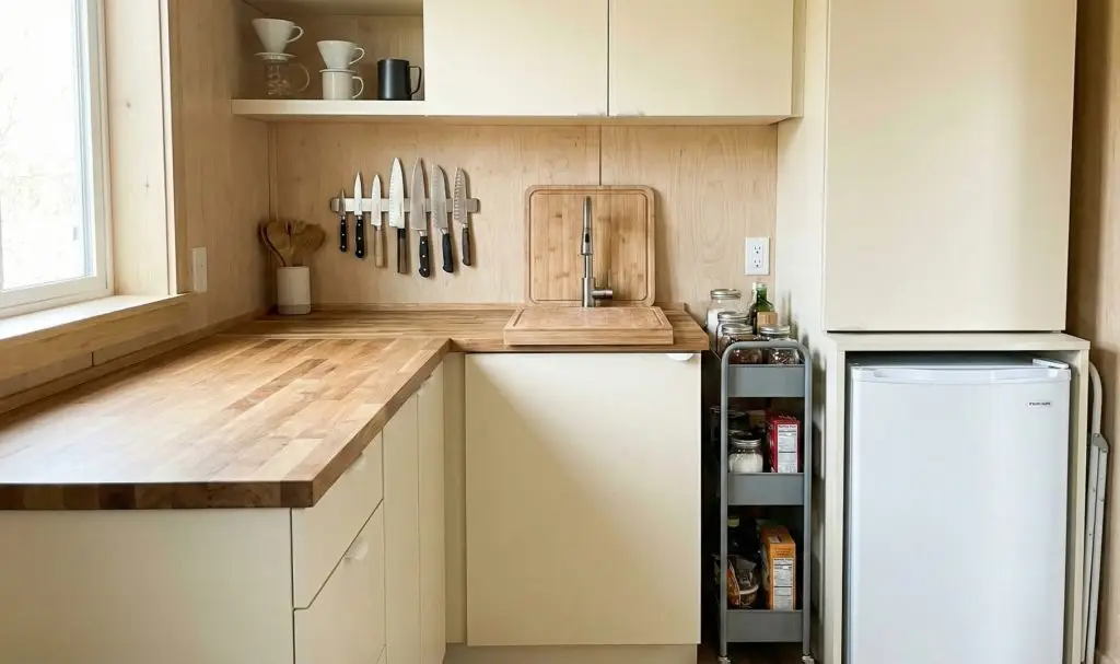 tiny house kitchen with smart space saving storage solutions