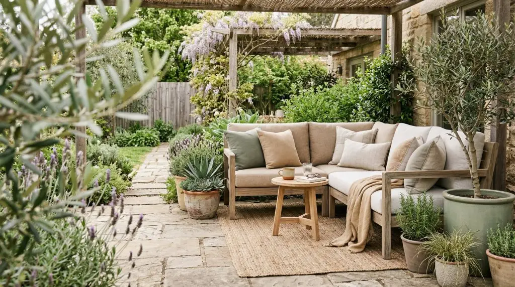 Low-maintenance spring patio with cozy outdoor chairs, soft cushions, outdoor rug, and side table.