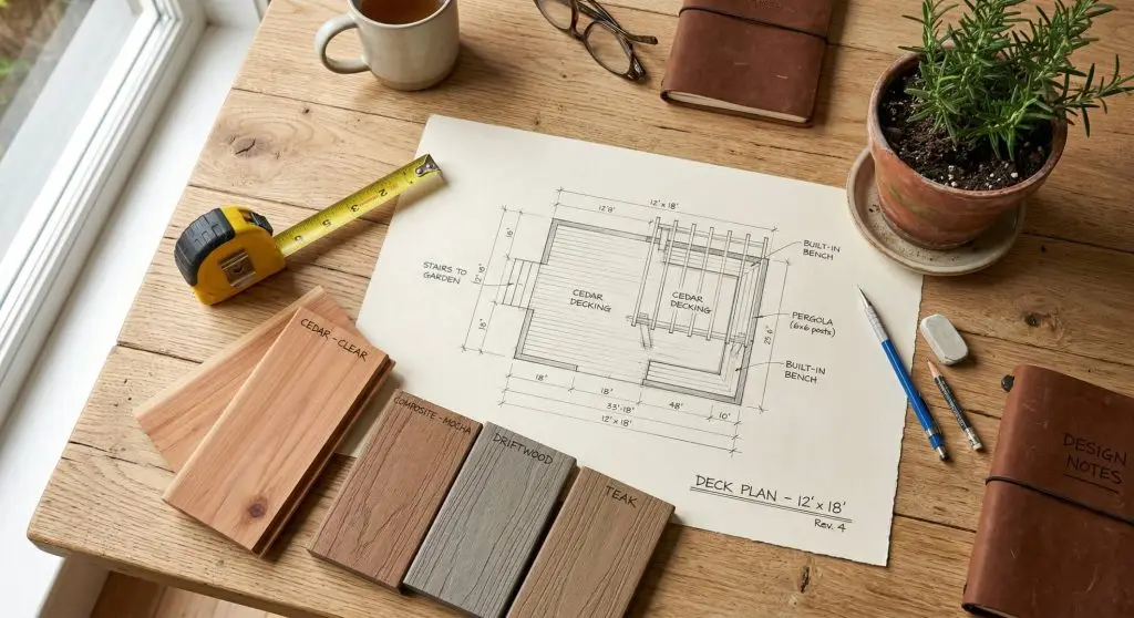 Overhead flat lay of low deck planning materials including sketches, wood swatches, and measuring tape on a light wood table