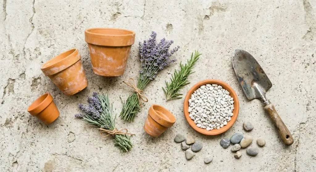 Overhead flat lay of Mediterranean garden supplies including terracotta pots, lavender bundles, rosemary, limestone gravel, and garden trowel on aged concrete