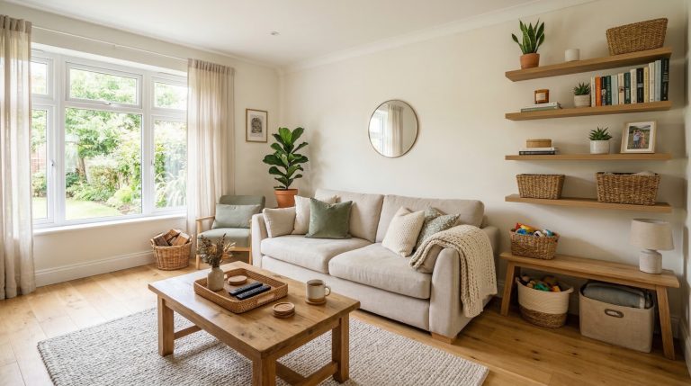 organized living room with tidy shelves, clean coffee table, storage baskets, and cozy sofa