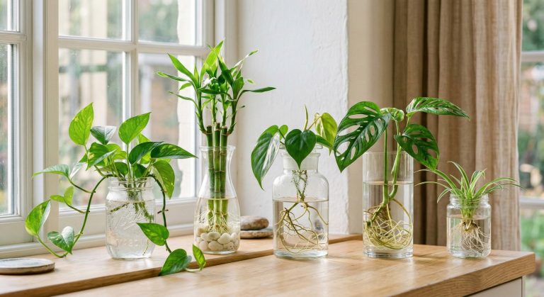 Indoor plants growing in water in clear glass vases and jars on a sunny windowsill with visible roots.