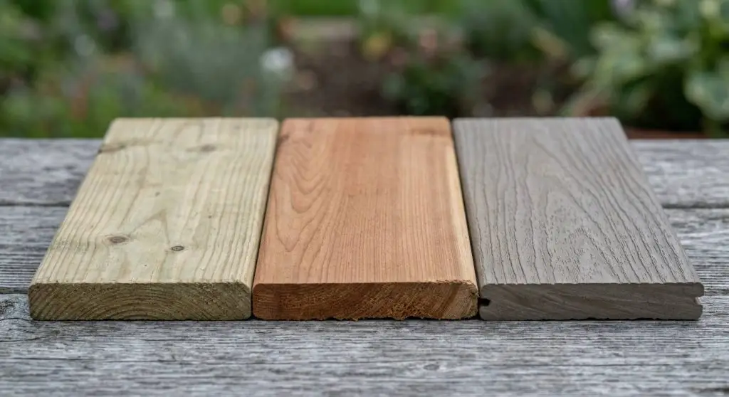 Close-up comparison of pressure-treated pine, cedar, and composite deck board samples laid side by side in a garden setting