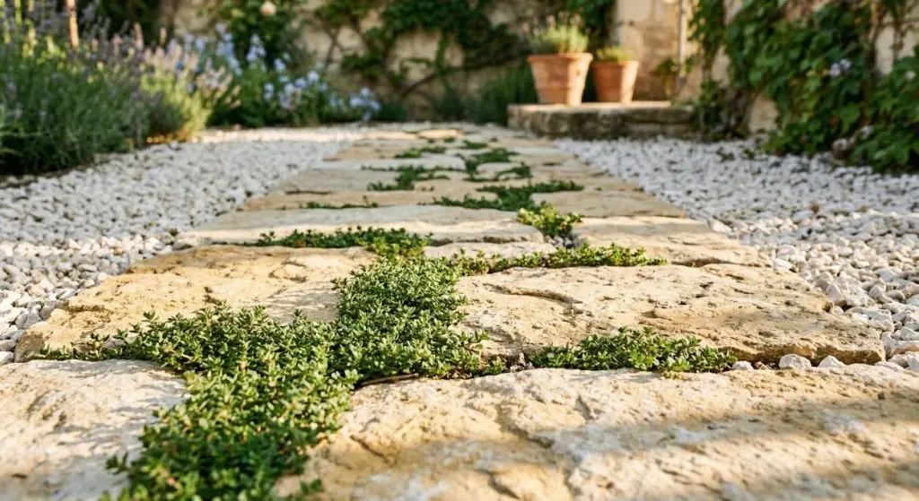 Ground-level view along Mediterranean garden flagstone path with creeping thyme between stones and white limestone gravel border in warm morning light