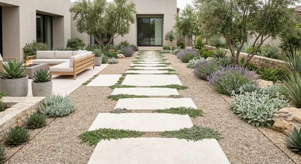 Modern backyard path with stone pavers, gravel, and drought-tolerant groundcover in spring.