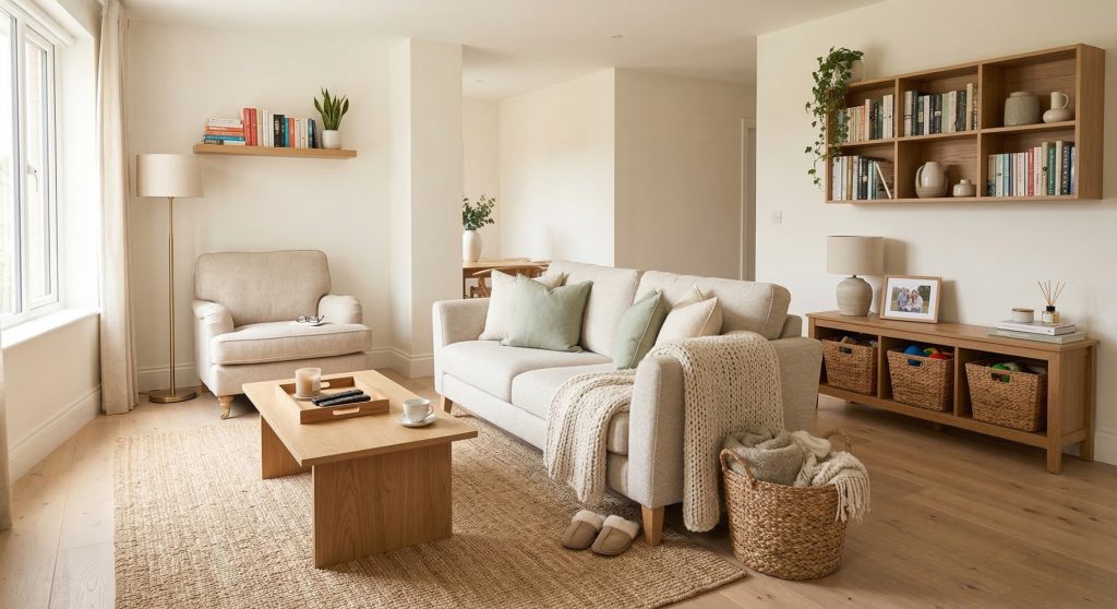 living room with seating area reading corner and storage zone organized neatly