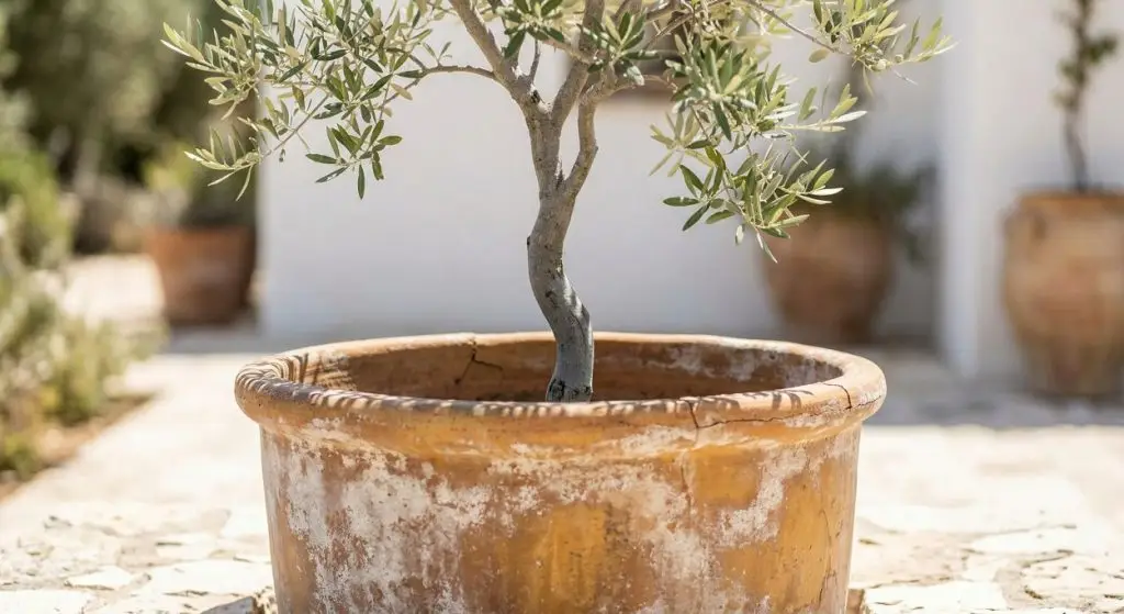 Young olive tree in large weathered terracotta pot on limestone paving with shallow depth of field, Mediterranean garden anchor plant in bright midday sun