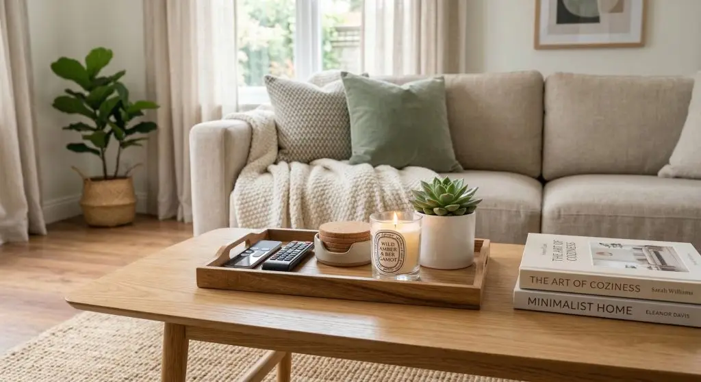 tidy coffee table with tray books candle and plant in organized living room