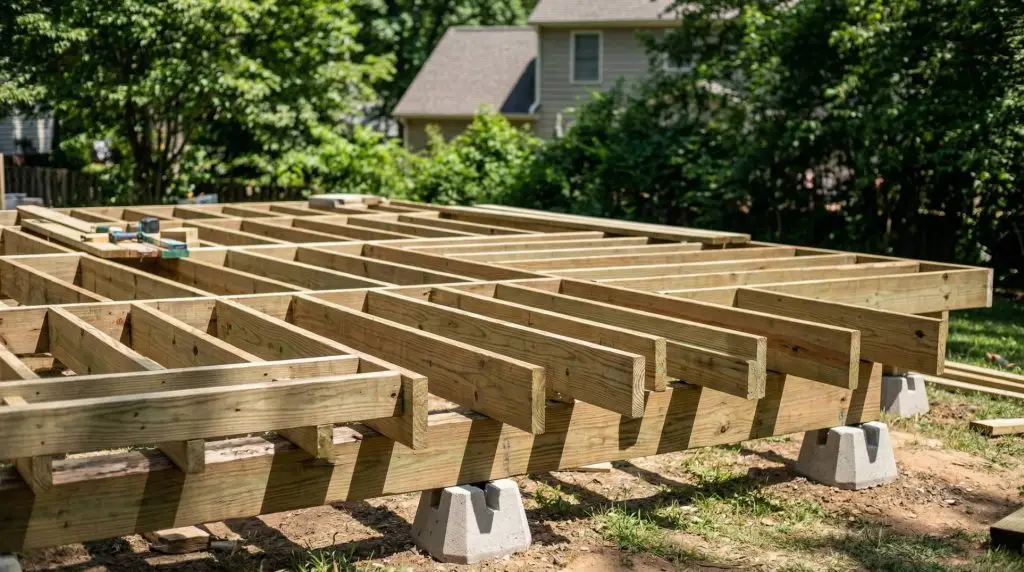 Pressure-treated wood deck subframe with joists and concrete deck blocks during low deck construction in a residential backyard
