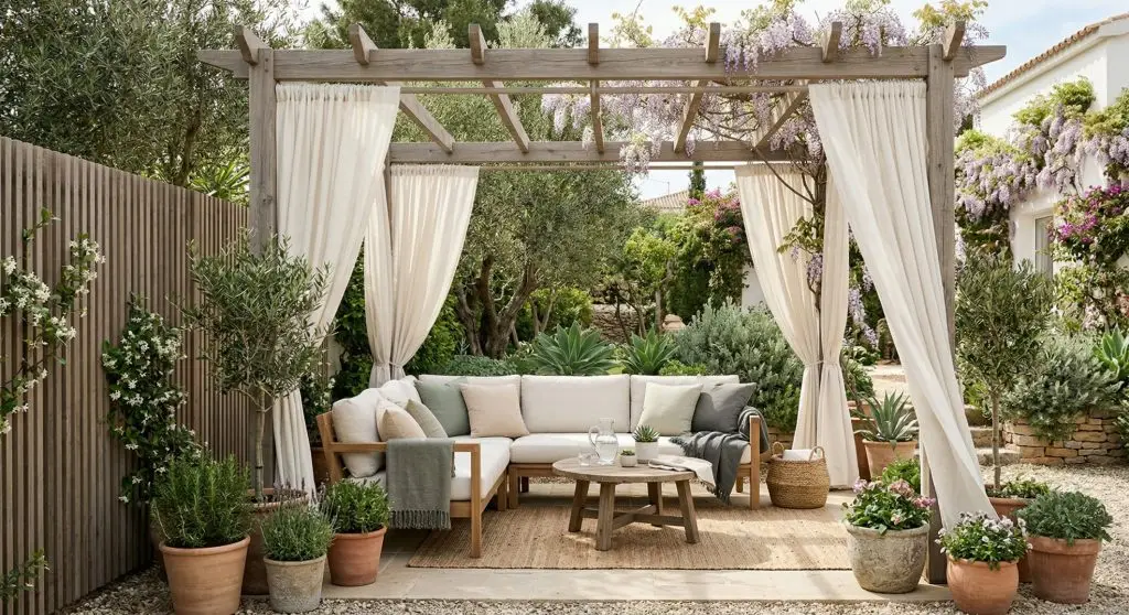 Spring backyard with pergola, outdoor curtains, privacy screen, and cozy seating area.