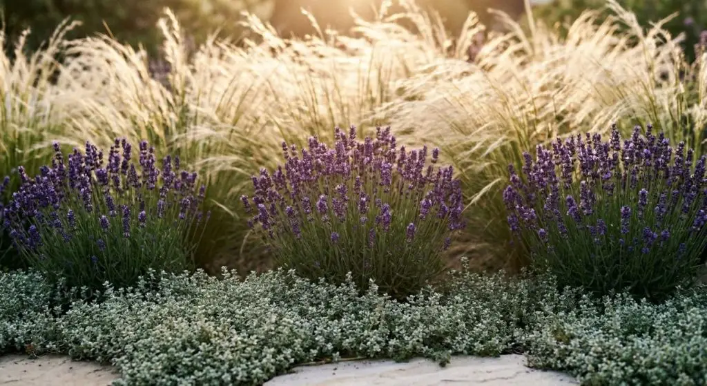 Low angle view of Mediterranean garden planting layers showing creeping thyme, blooming lavender, and backlit gold feather grass in warm golden afternoon light