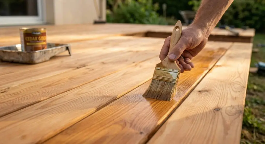 Close-up of a hand brushing wood stain onto fresh cedar low deck boards in warm afternoon light