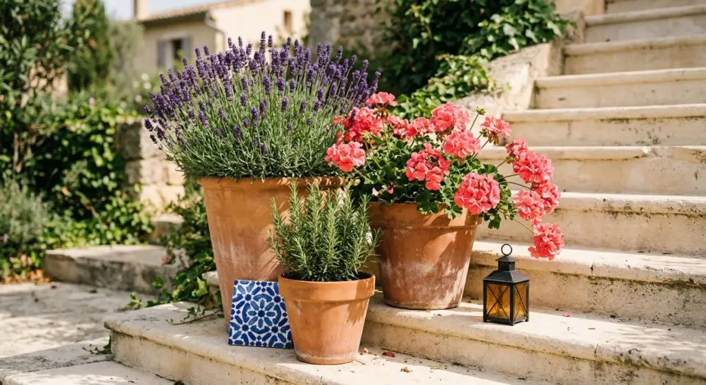 Three terracotta pots on stone steps with blooming lavender, coral pelargoniums, and rosemary, styled with a blue geometric ceramic tile and small Moroccan iron lantern in warm mid-morning sun