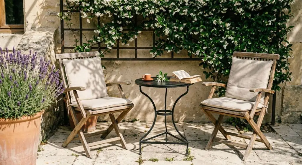 Mediterranean garden seating area with wooden folding chairs, oatmeal linen cushions, jasmine-covered iron trellis, and iron side table on limestone paving in dappled late morning light