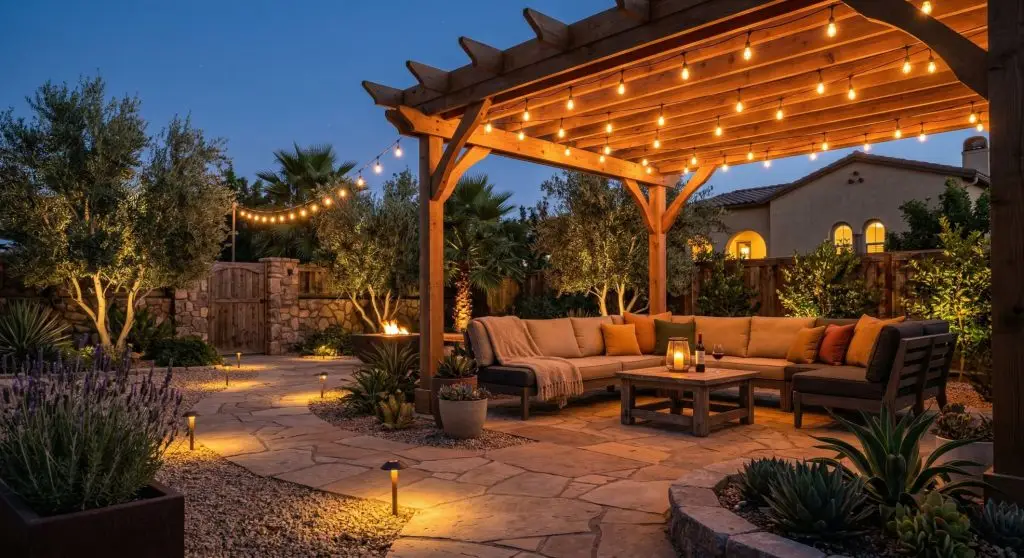 Backyard at dusk with warm string lights, solar path lights, and glowing outdoor seating.