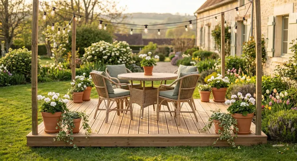 Low floating deck styled for spring with rattan dining table, terracotta flower pots, and string lights in a green backyard at golden hour
