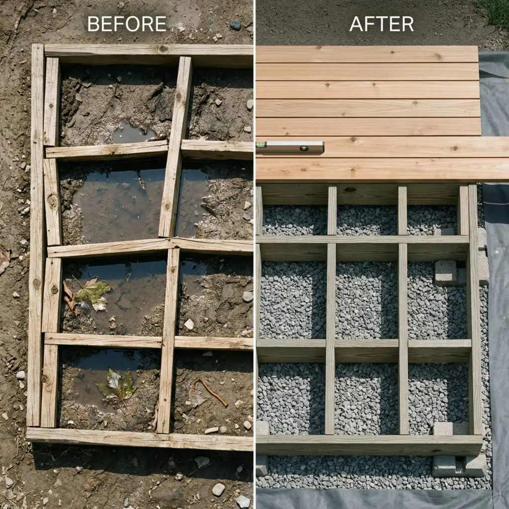 Top-down comparison of a poorly drained low deck frame versus a properly built subframe with gravel drainage and level joists