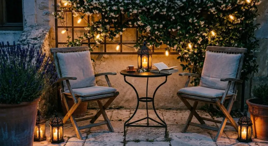 Mediterranean garden terrace at blue hour dusk with amber iron lanterns among terracotta pots, warm Edison festoon lights on whitewashed wall, and deep indigo sky above limestone paving