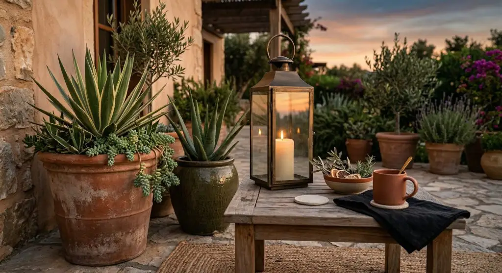 Large ceramic outdoor planters with drought-tolerant plants on a styled spring backyard patio.
