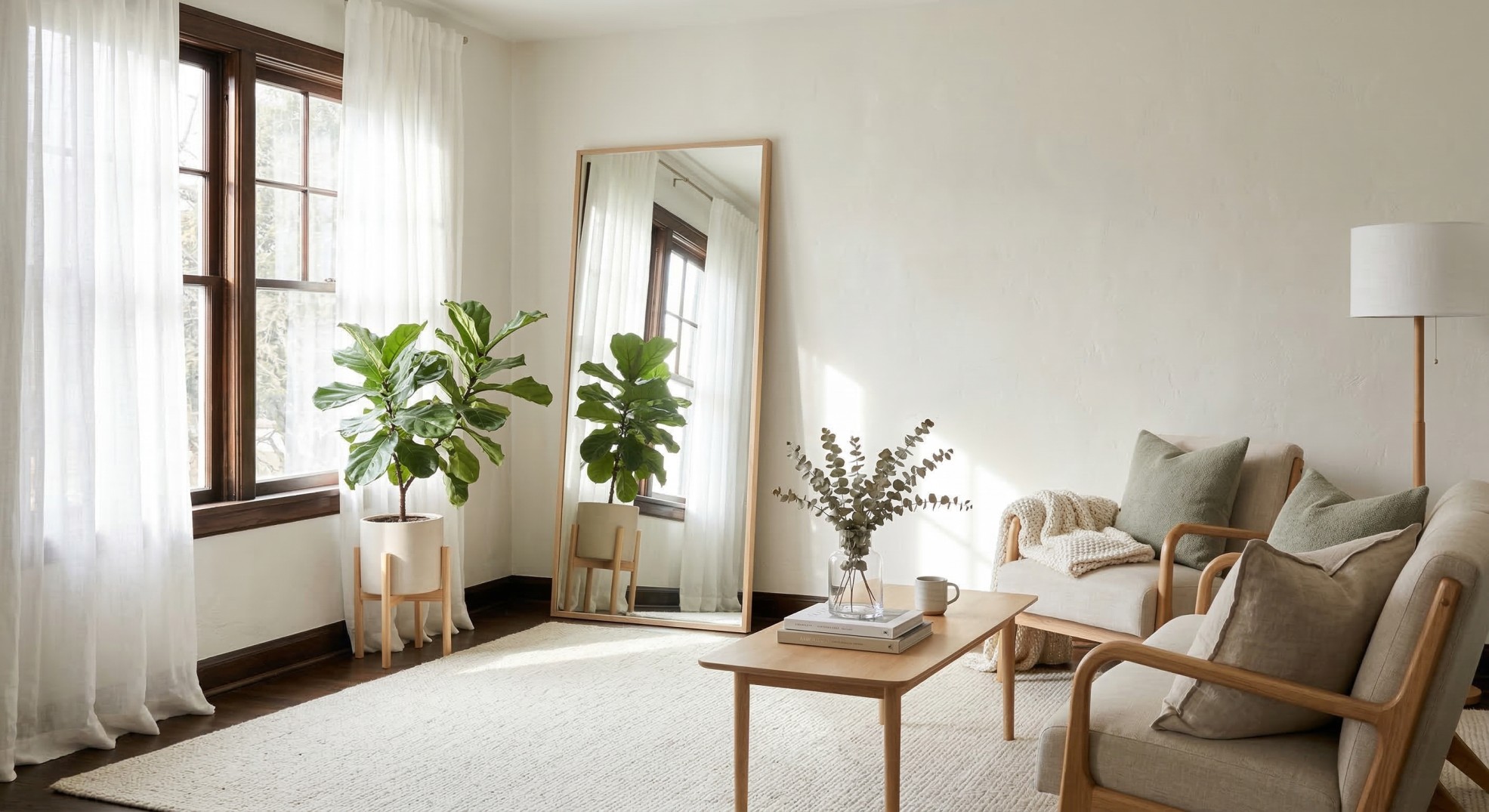 Bright cozy room styled to maximize natural light without renovation.