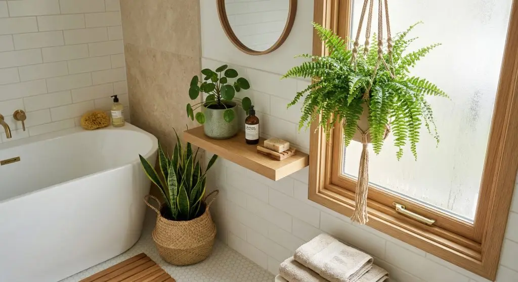 Bathroom plant grouping with ferns and leafy houseplants placed in a humid room near natural light.