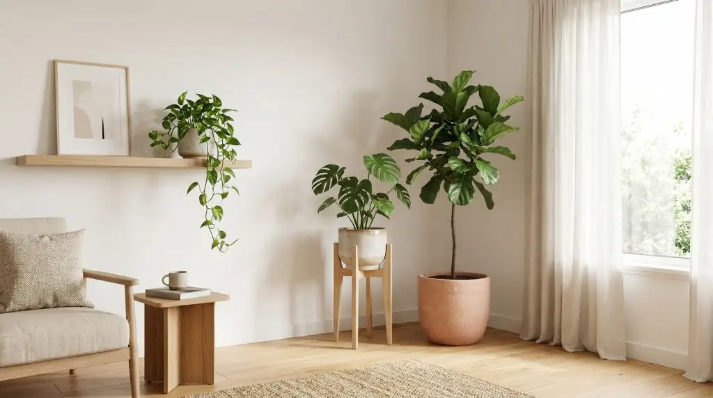 Living room corner with grouped indoor plants arranged on floor, stand, and shelf in bright natural light.
