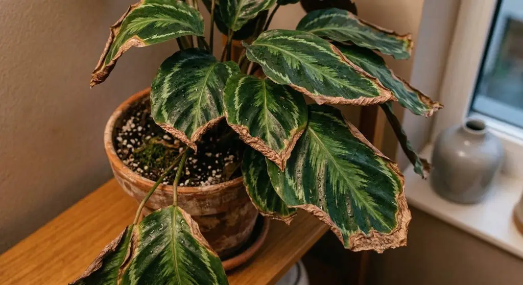 Tropical indoor plant with brown crispy leaf tips from dry air and stress