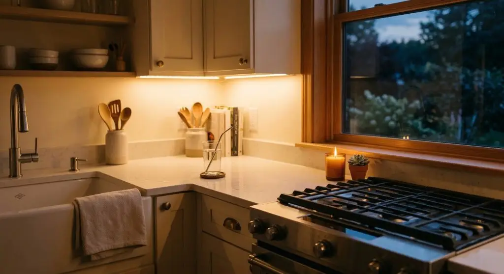 Serene evening kitchen with warm amber lighting clear clean countertops folded linen towel burning candle on windowsill and small succulent plant