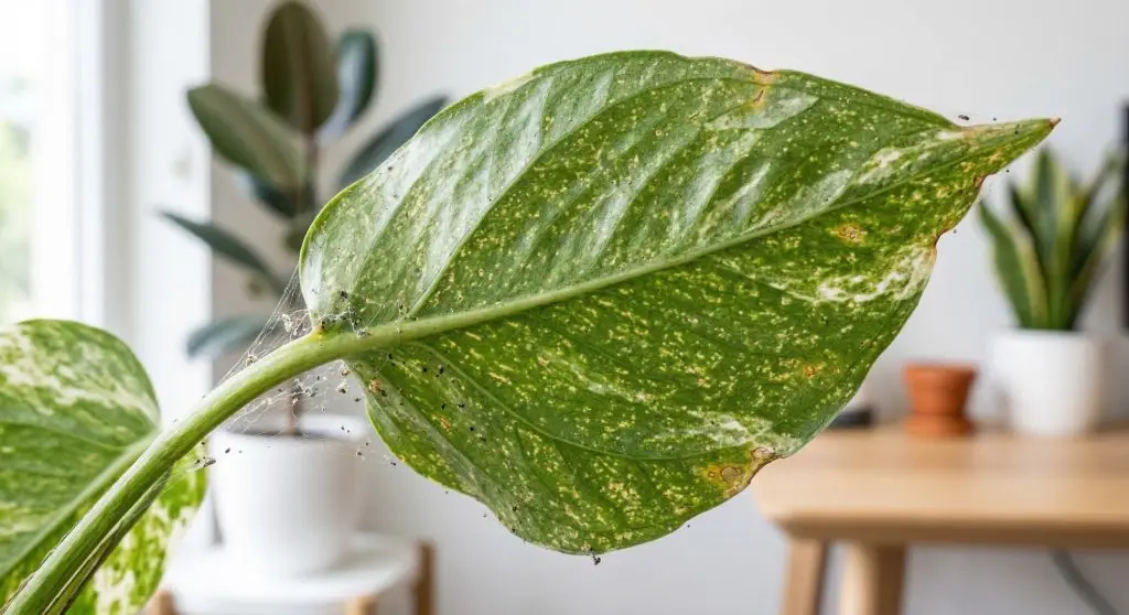 Indoor plant leaves with pest damage, webbing, and spotted discoloration
