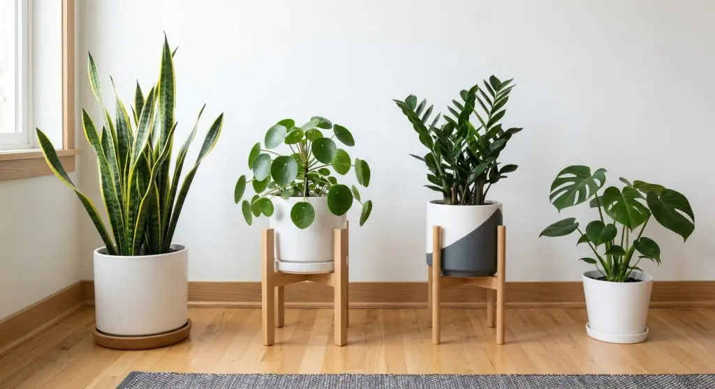 Indoor plants spaced properly in a home corner to prevent overcrowding, poor airflow, and watering issues.