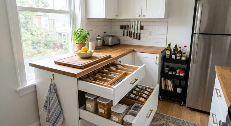 mall kitchen with organized drawers, labeled containers, rolling cart, and magnetic knife strip to maximize every inch of storage space
