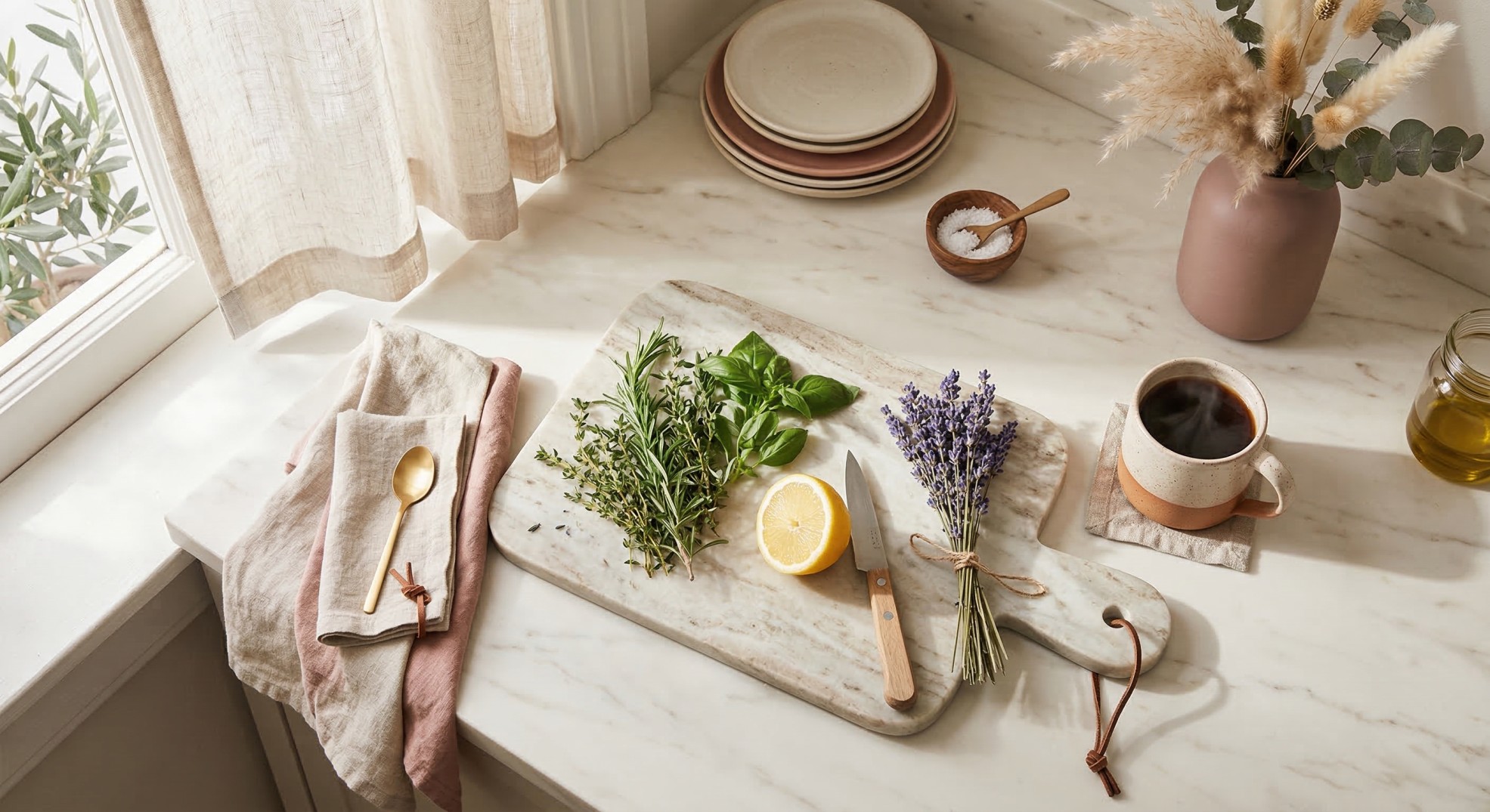 Overhead flat-lay of a beautifully styled organized kitchen countertop with fresh herbs, marble cutting board, ceramic mug, and pampas grass in soft morning light