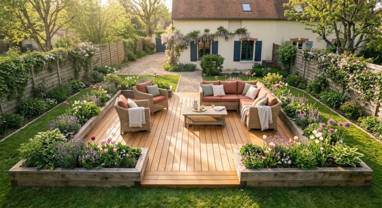 Ground-level wood deck in a spring backyard surrounded by blooming garden beds and wicker furniture at golden hour