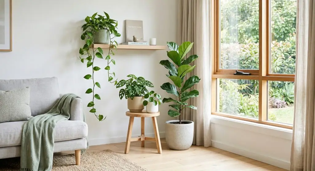 Indoor plants grouped near a living room window according to light needs with tall and trailing plants arranged in bright indirect light.