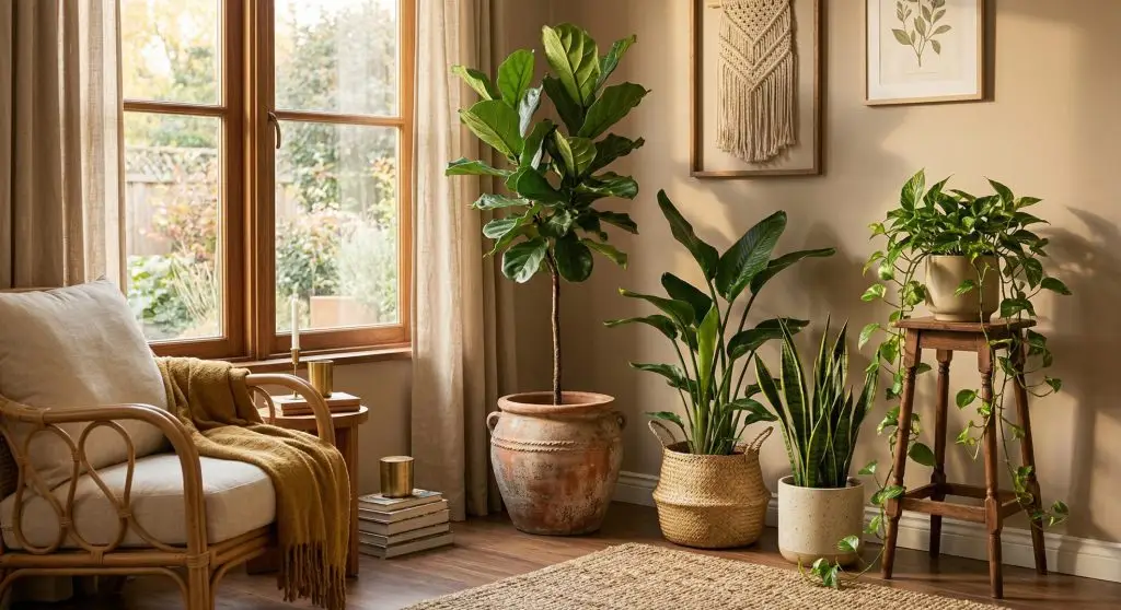Indoor plant arrangement showing varied heights, leaf shapes, and textures in a styled plant corner.