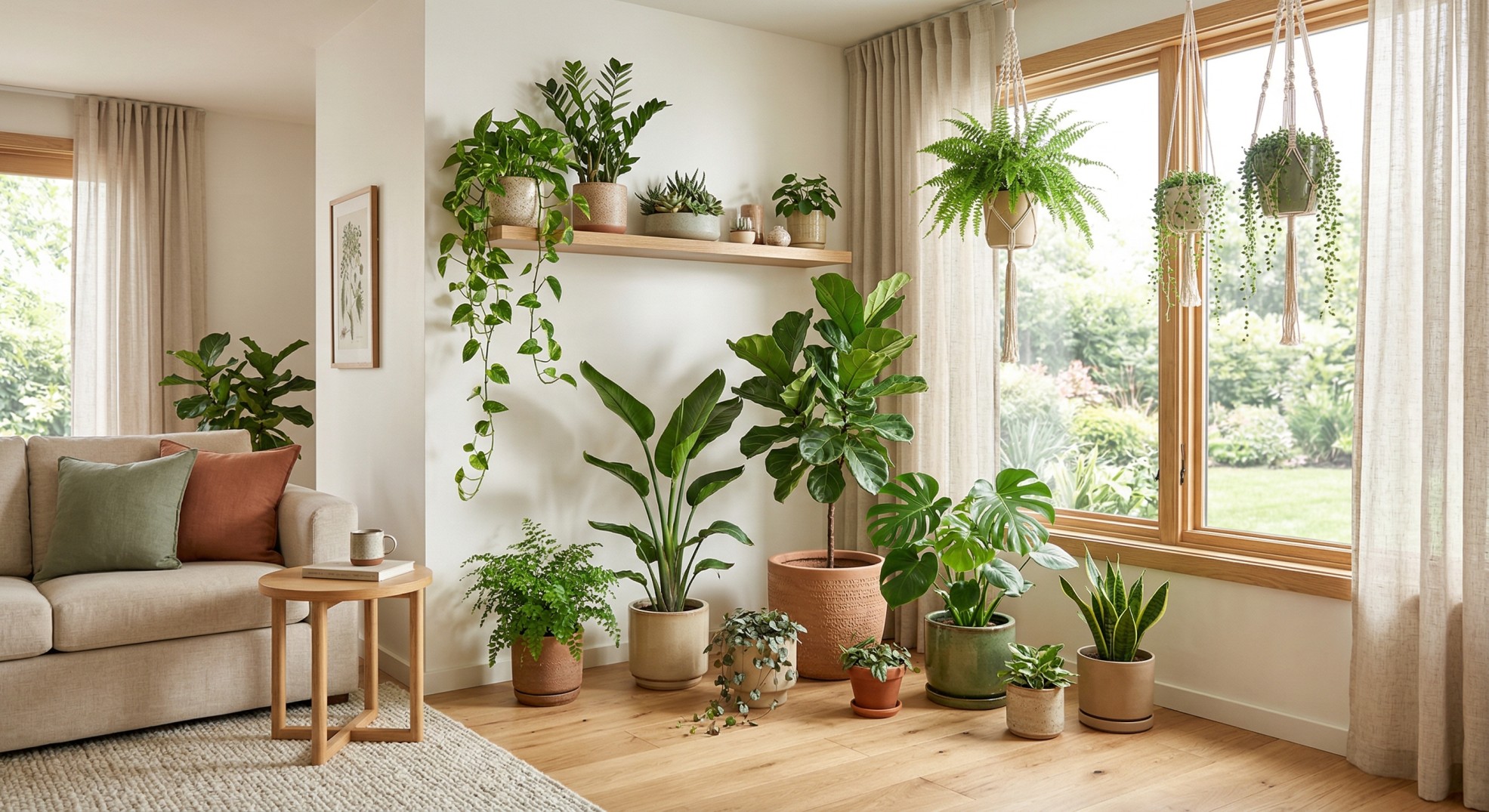 A stylish indoor plant grouping near a bright living room window with houseplants arranged by height, leaf shape, and light needs.