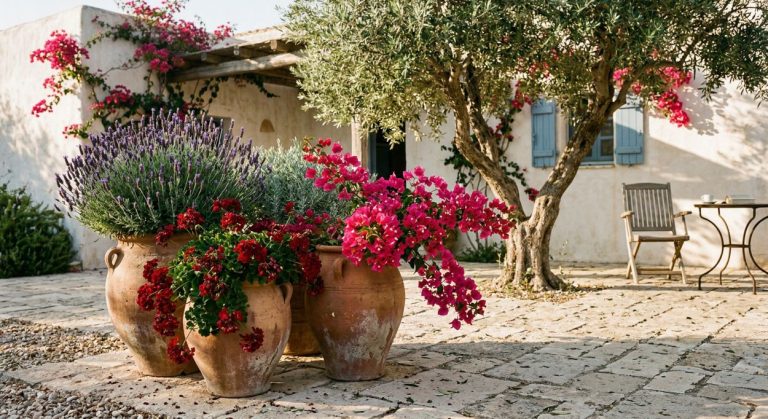 Mediterranean garden terrace with terracotta pots, lavender, bougainvillea climbing a whitewashed wall, and olive tree at golden hour