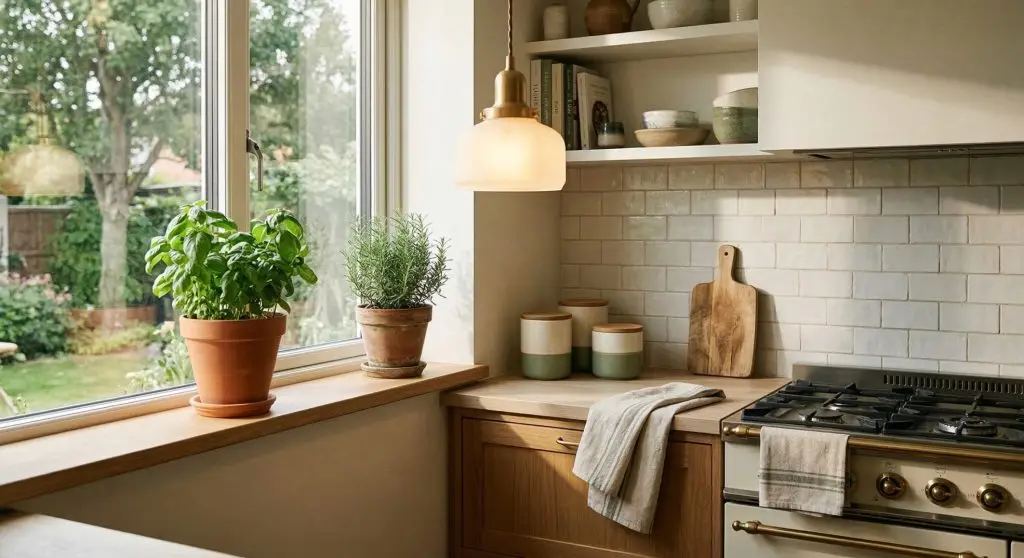 Kitchen windowsill with terracotta pots of fresh basil and rosemary beside a counter styled with cream and sage green ceramic canisters wooden cutting board folded linen towel and warm brass pendant light