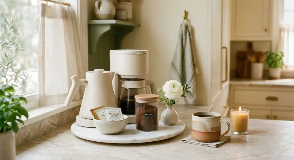 Cozy styled kitchen morning corner with cream coffee maker marble tray ceramic mug white flower bud vase and glowing beeswax candle in warm soft light