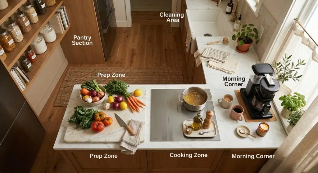 Overhead view of an organized home kitchen divided into five labeled zones including prep area, morning coffee corner, pantry section, cooking zone, and cleaning area