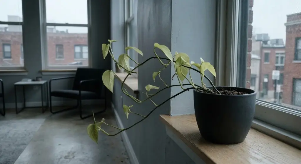 Leggy indoor plant with pale leaves reaching toward a window in low light