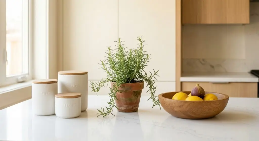 Clean minimalist kitchen countertop styled with white ceramic canisters, small terracotta herb pot, and wooden fruit bowl on white quartz surface