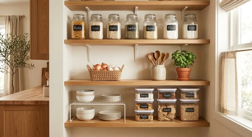 Open kitchen pantry with wood shelves organized with matching clear glass jars labeled pasta rice oats lentils flour and rattan basket of onions and garlic